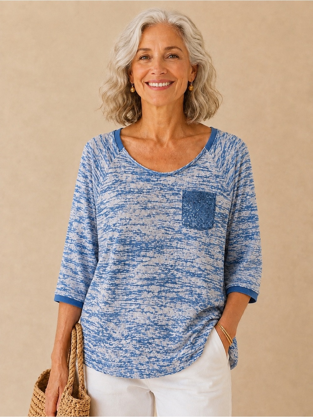 Lane Bryant Boho Blue/White Tie Dye Sequin Pocket And Trim Flowy Scoop Neck Tee